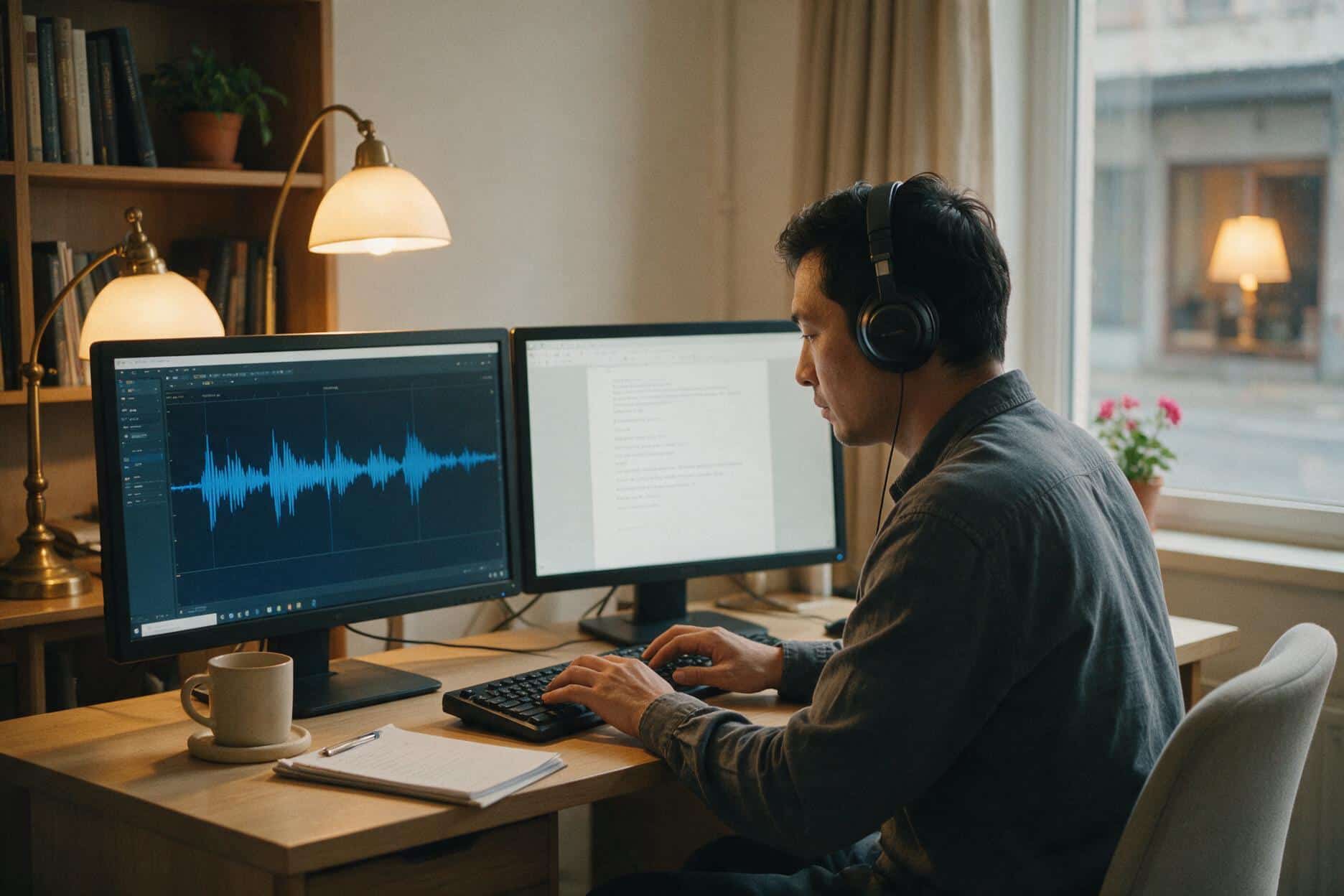 A transcriber listening through headphones and typing up a Azerbaijani recording