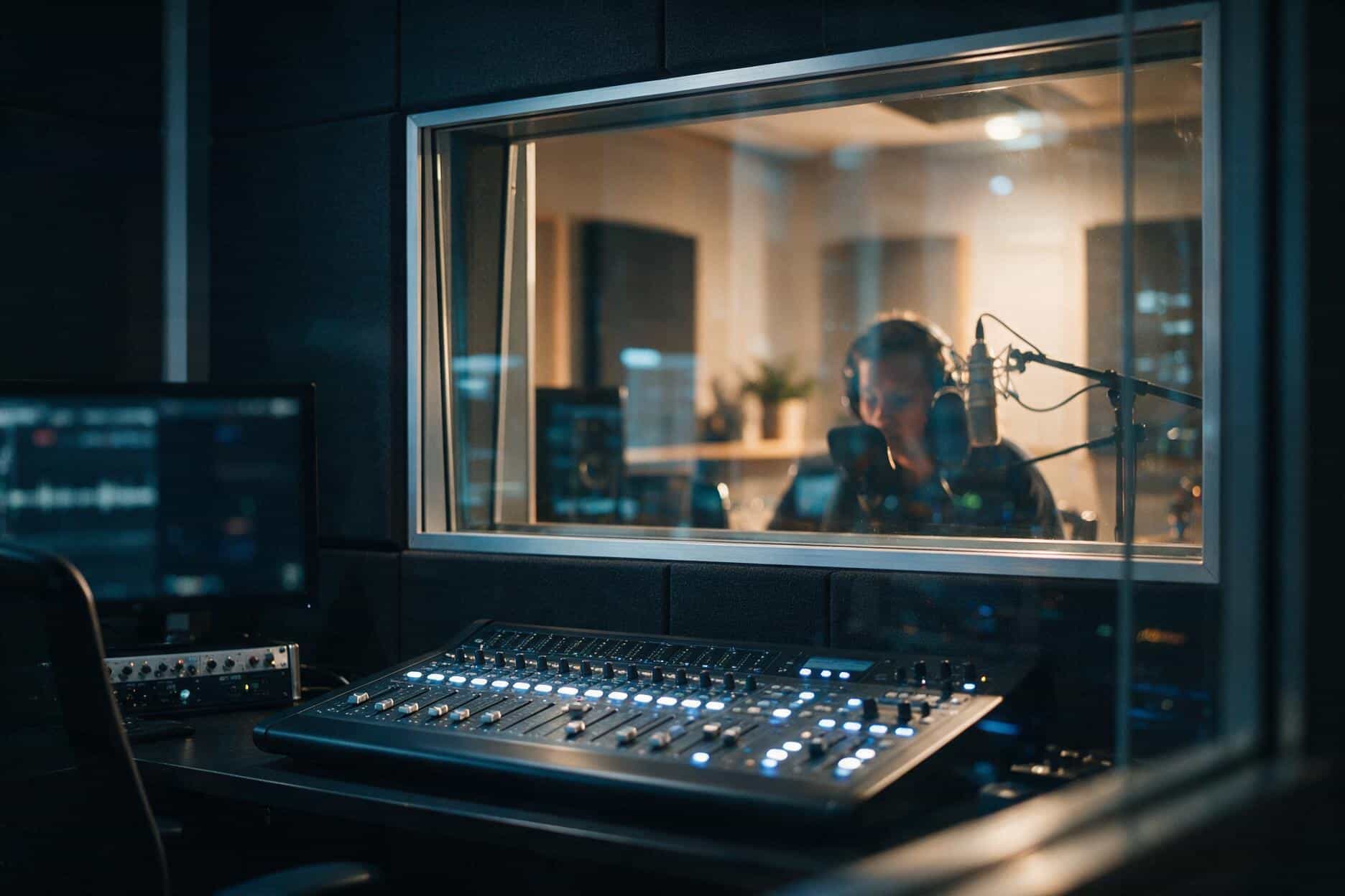 Voice actor at the microphone during a Yoruba recording session