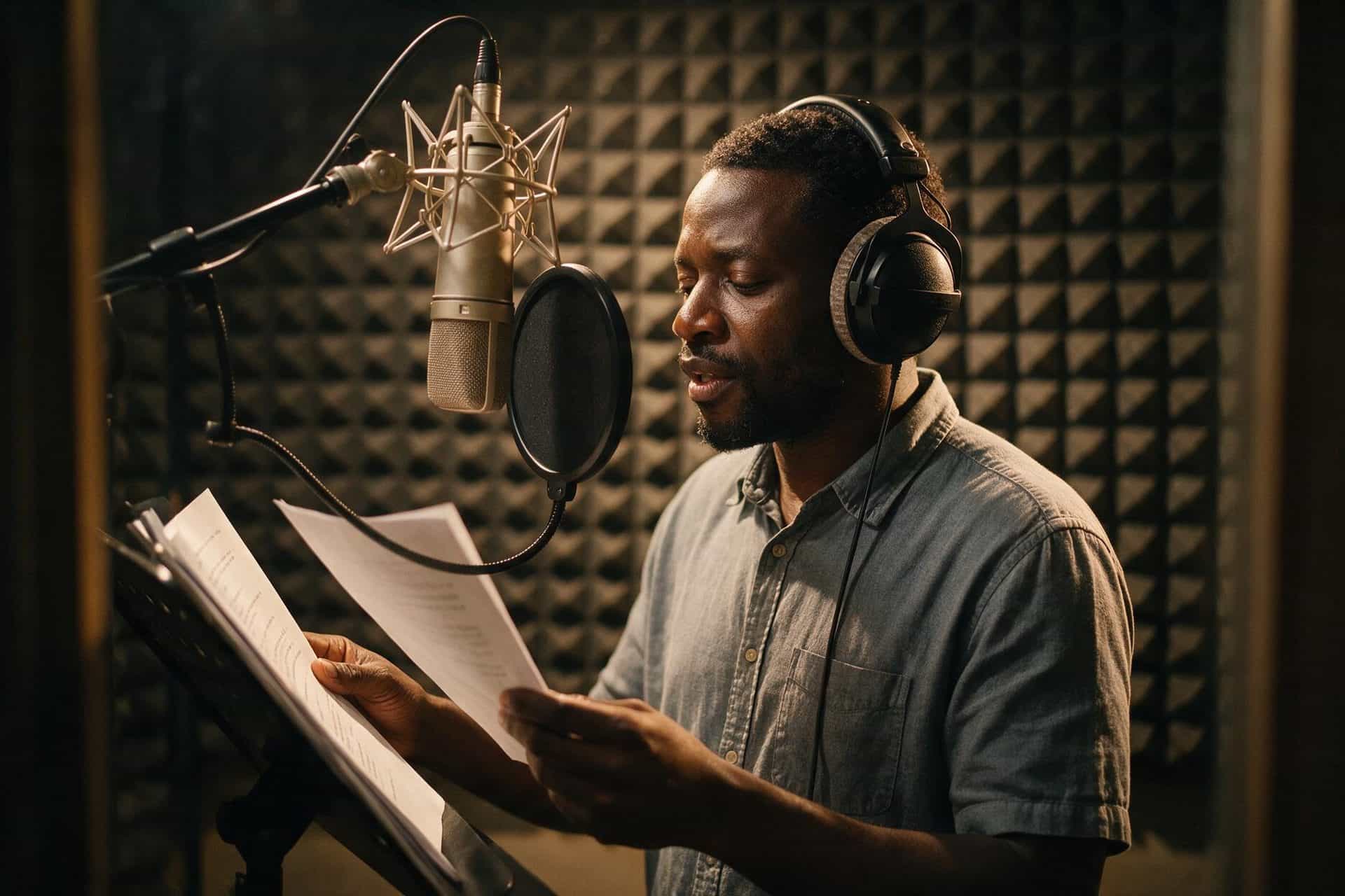Xhosa voice actor recording at a studio microphone in a soundproofed booth