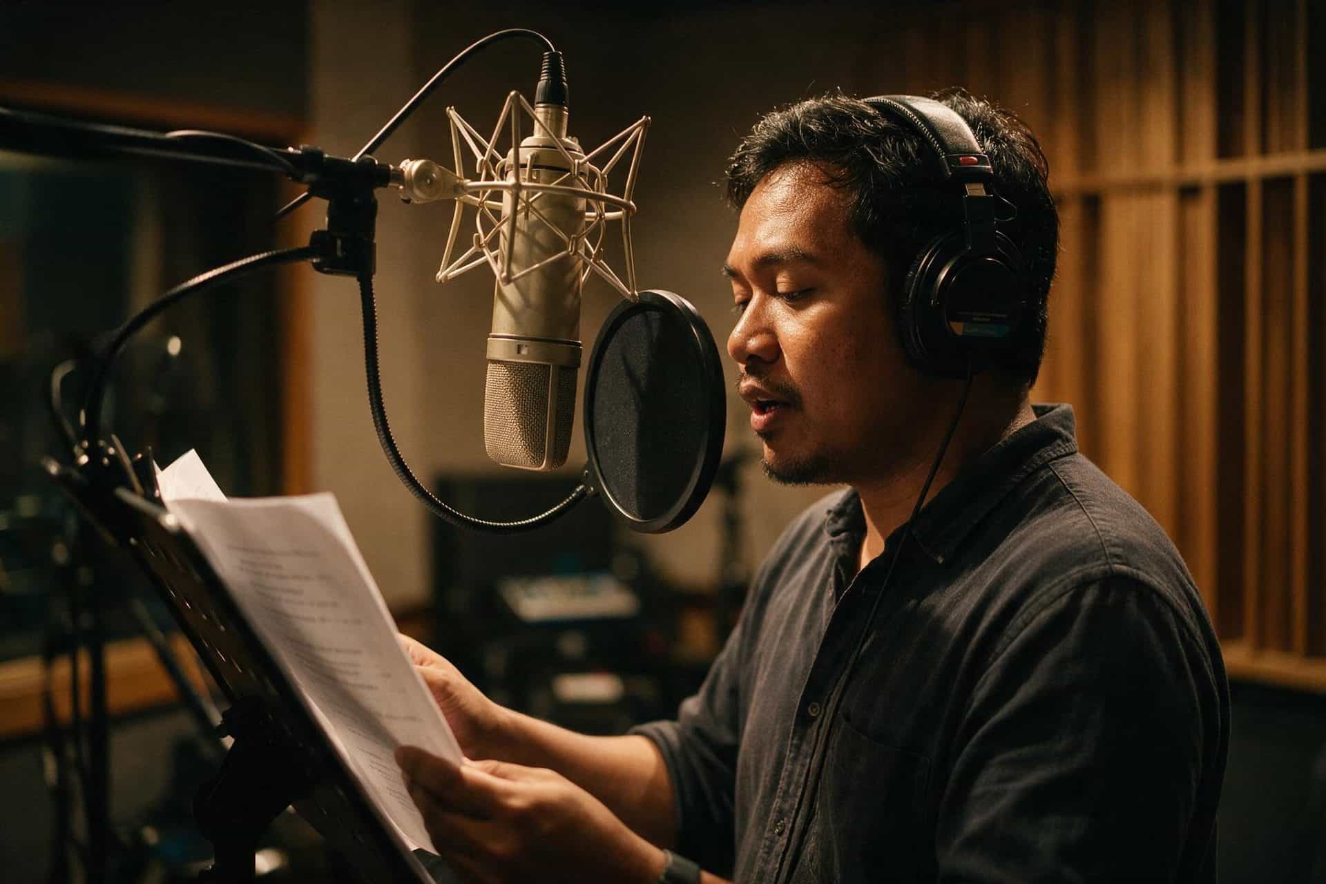 Pashto voice actor recording at a studio microphone in a soundproofed booth