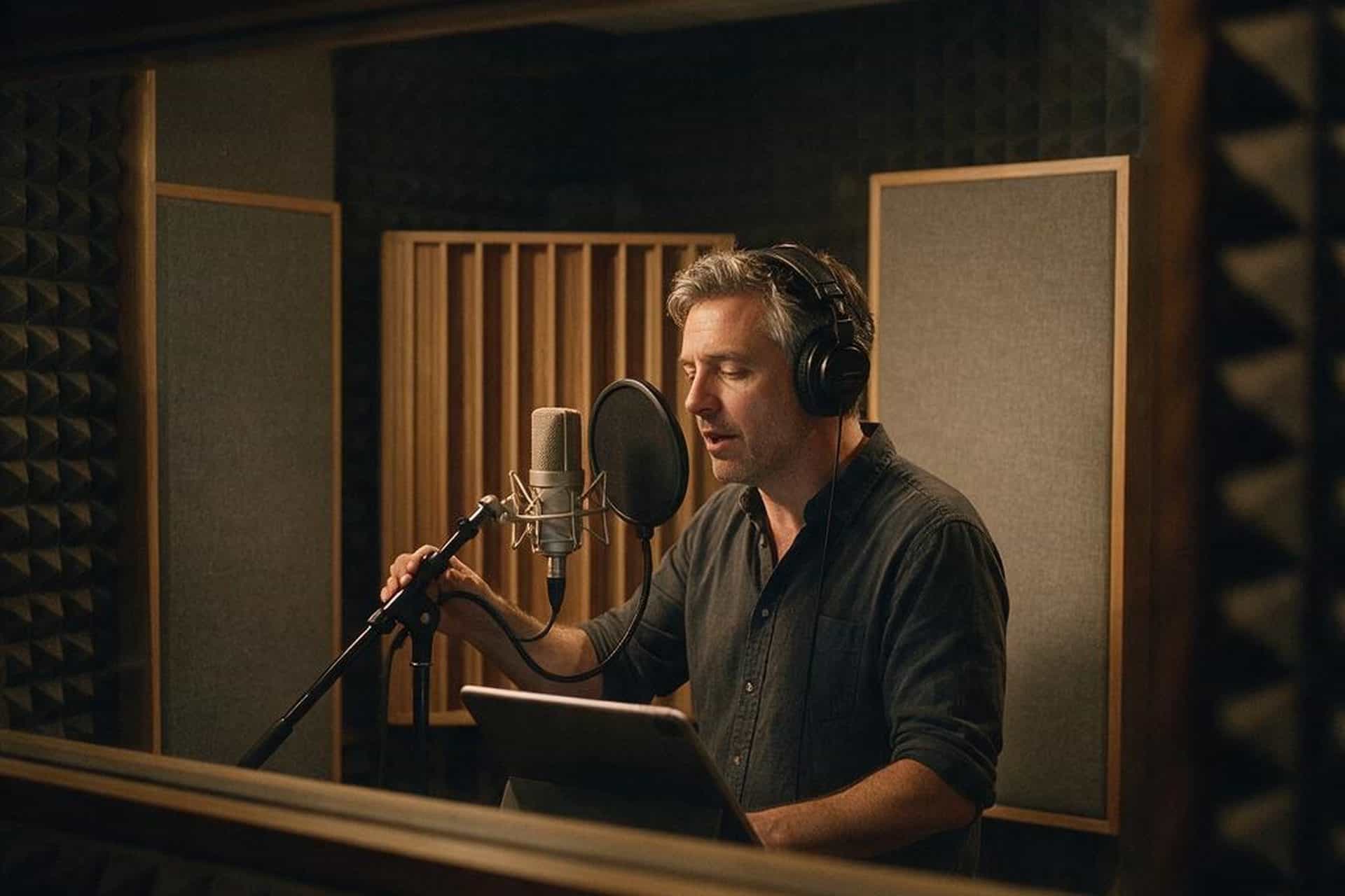 Australian English voice actor recording at a studio microphone in a soundproofed booth