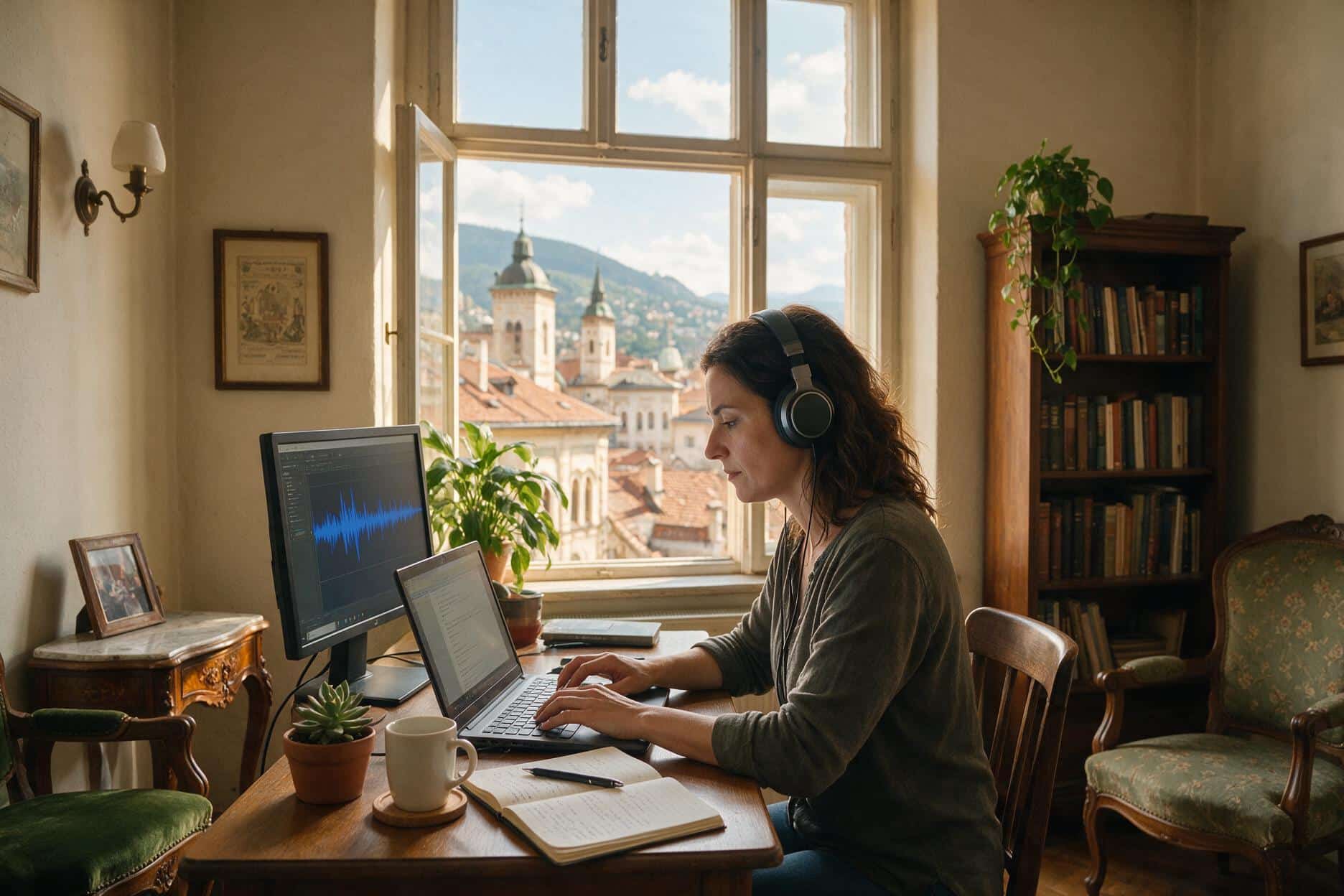 A transcriber listening through headphones and typing up a recording