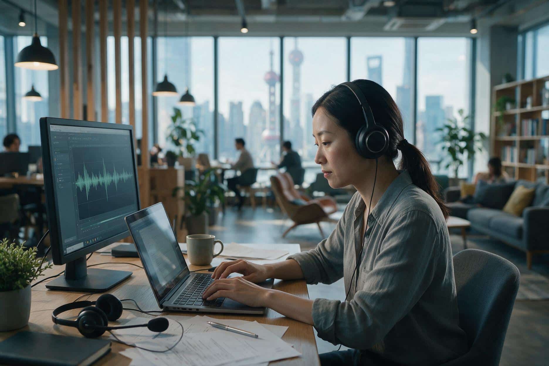A transcriber listening through headphones and typing up a Simplified Chinese recording