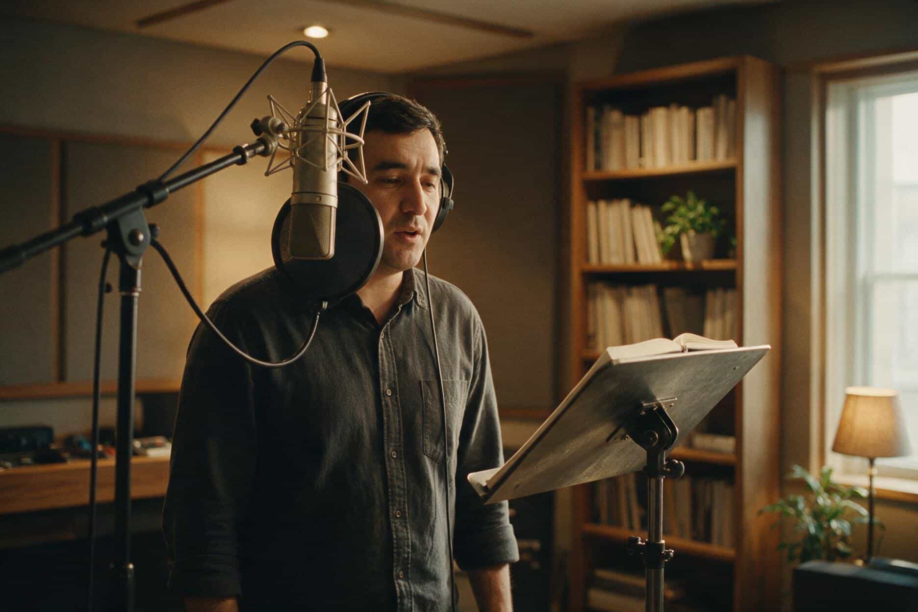 Voice actor at the microphone during an Uzbek recording session