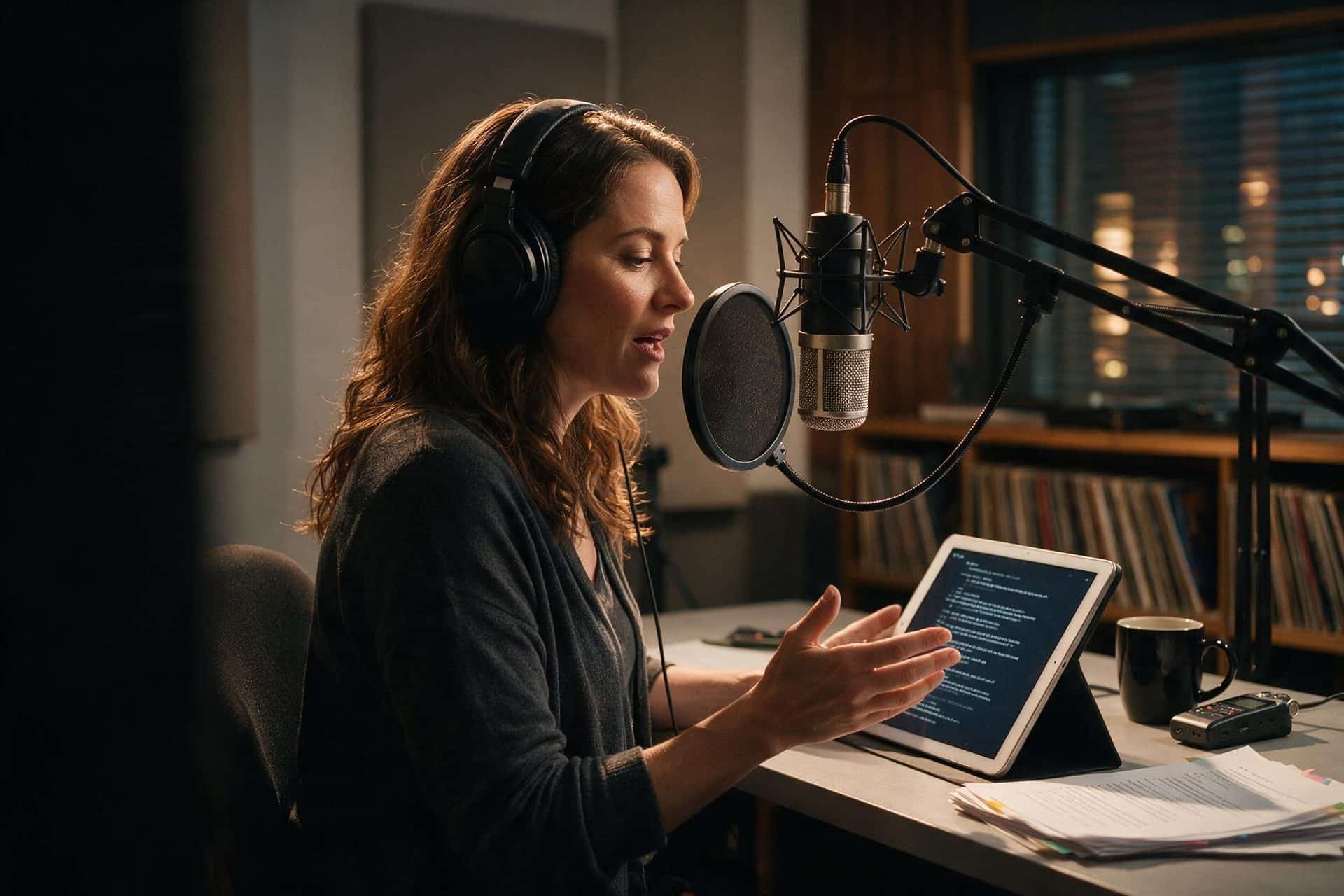Professional American voice actor recording in a broadcast-quality studio