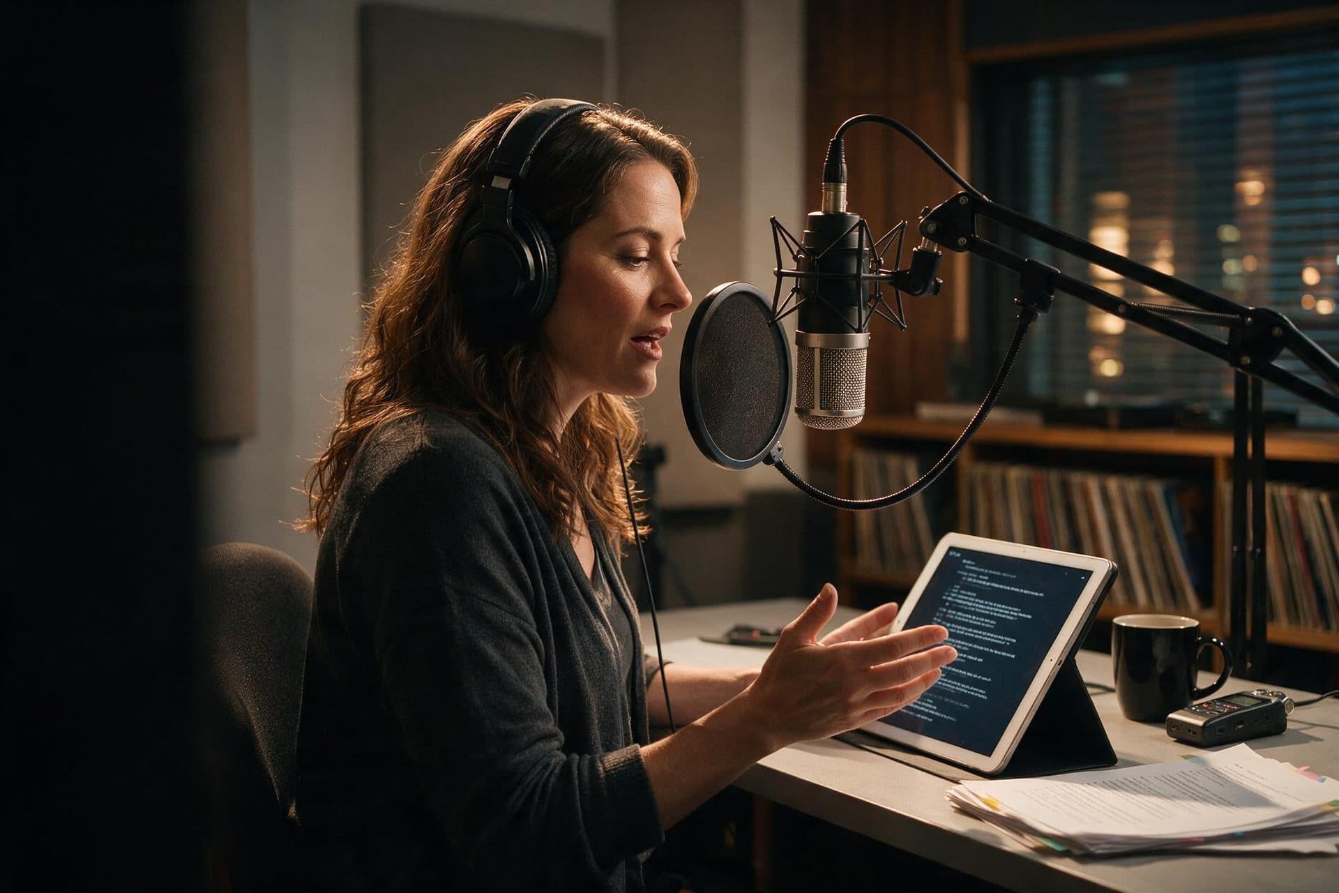 Professional American voice actor recording in a broadcast-quality studio