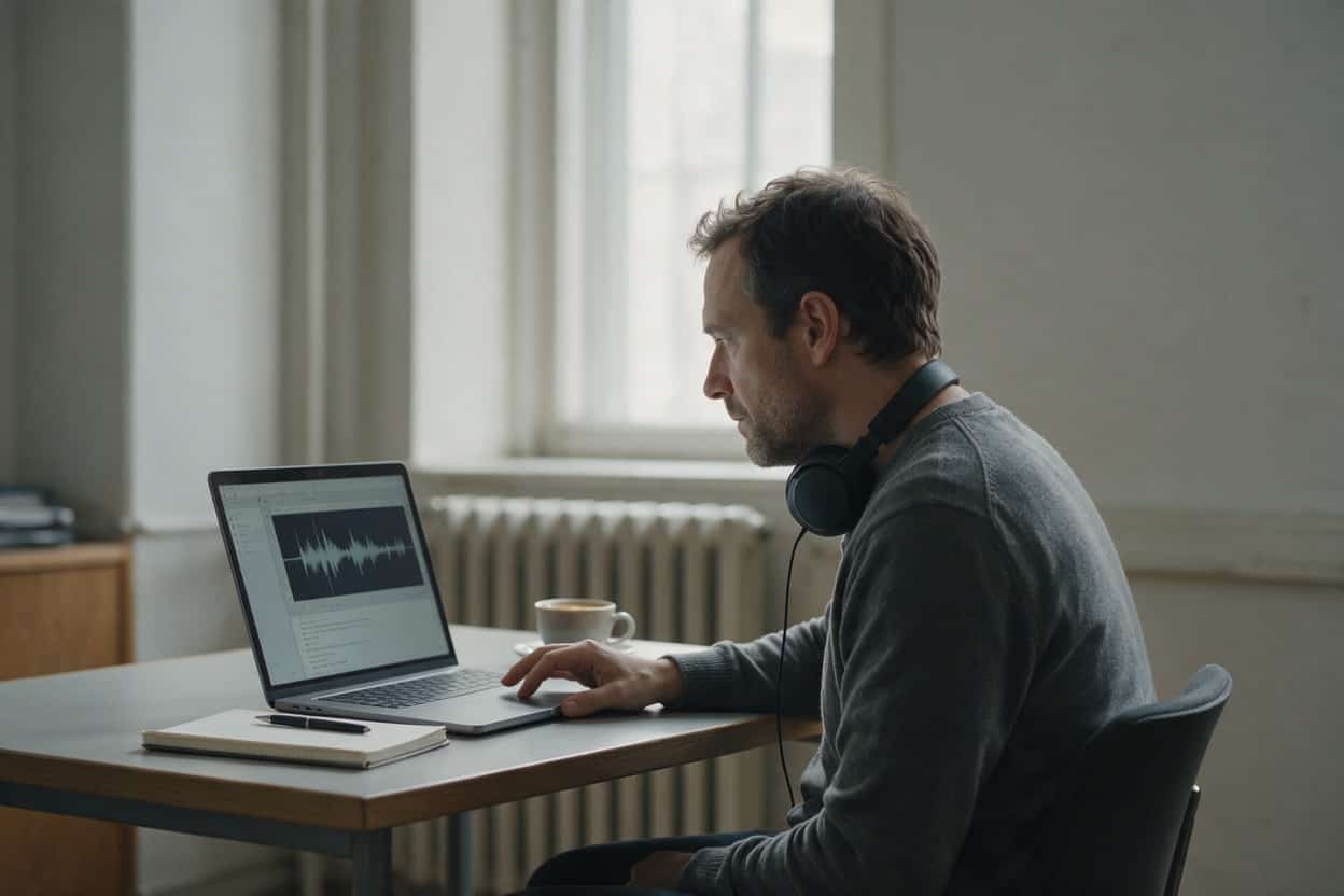 A transcriber listening through headphones and typing up a recording