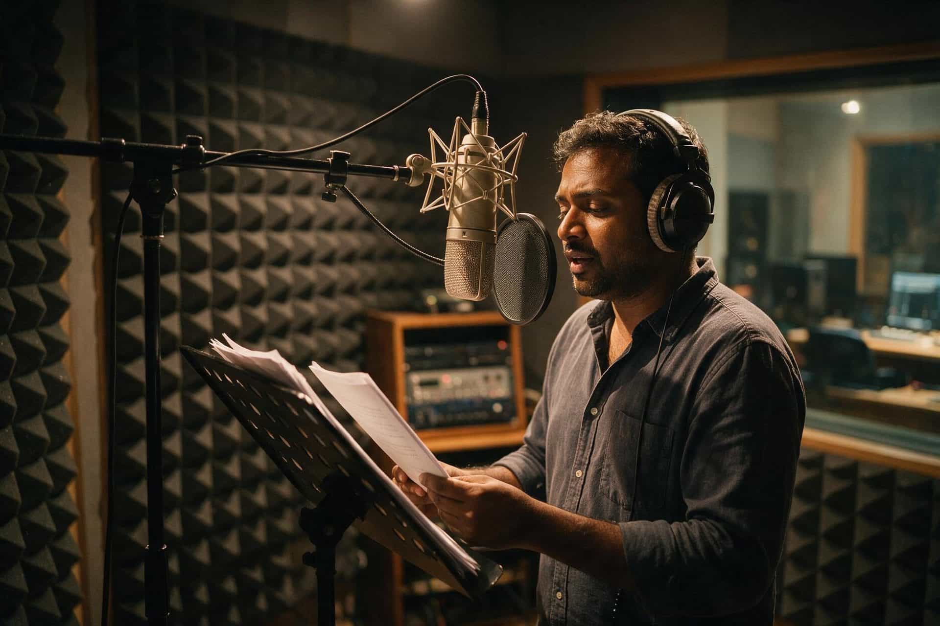 Kannada voice actor recording at a studio microphone in a soundproofed booth