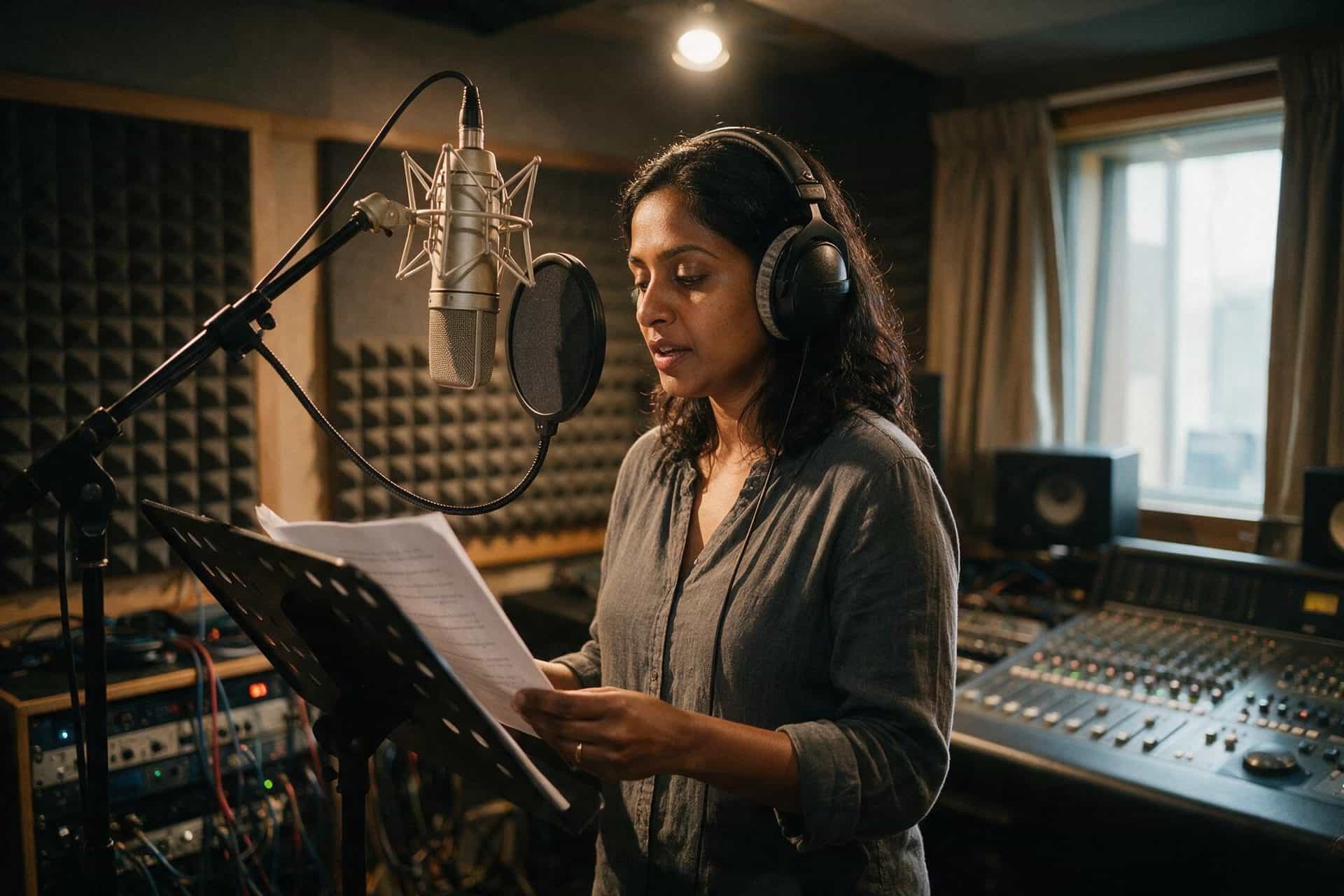 Tamil voice actor recording at a studio microphone in a soundproofed booth