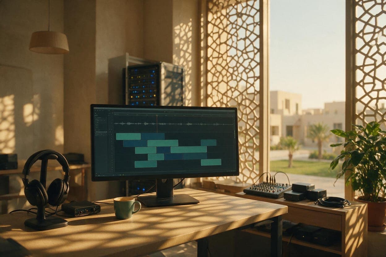 Arabic subtitles being timed against video in a post-production suite