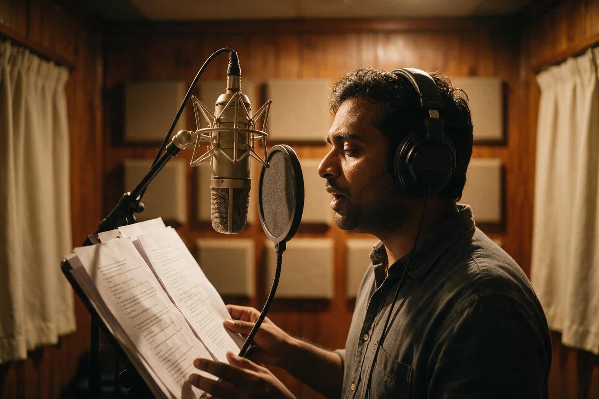 Nepali voice actor recording at a studio microphone in a soundproofed booth