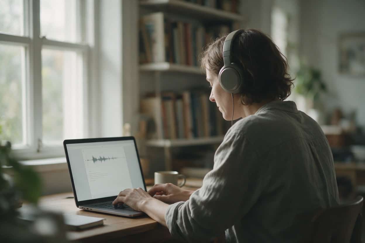 A transcriber listening through headphones and typing up a recording