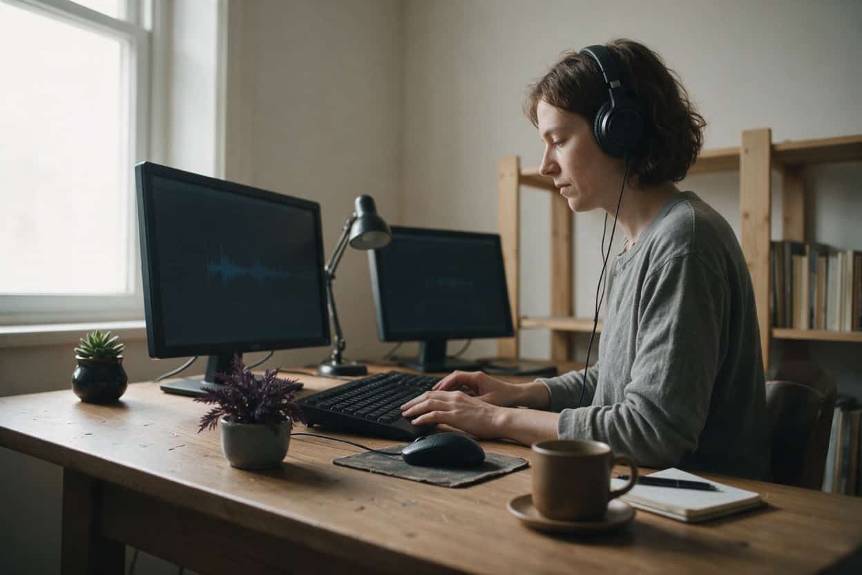 A transcriber listening through headphones and typing up a recording