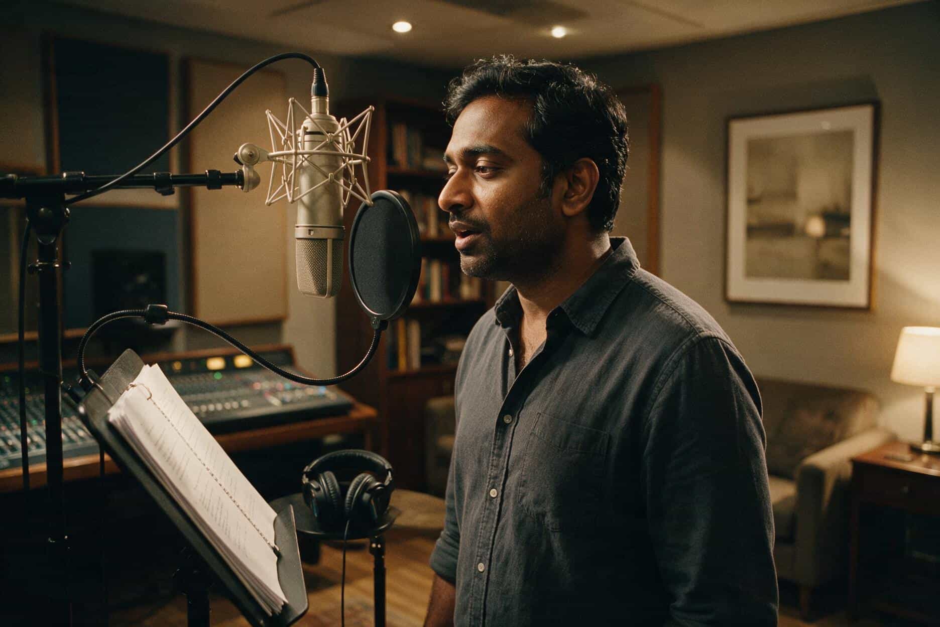 Voice actor at the microphone during a Sinhala recording session