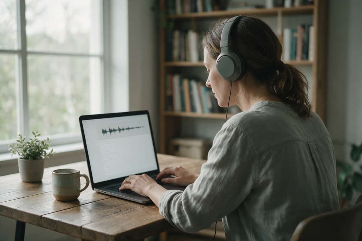 A transcriber listening through headphones and typing up a recording