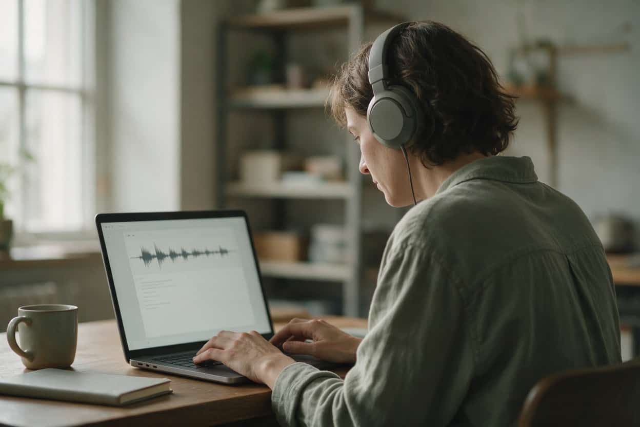 A transcriber listening through headphones and typing up a recording