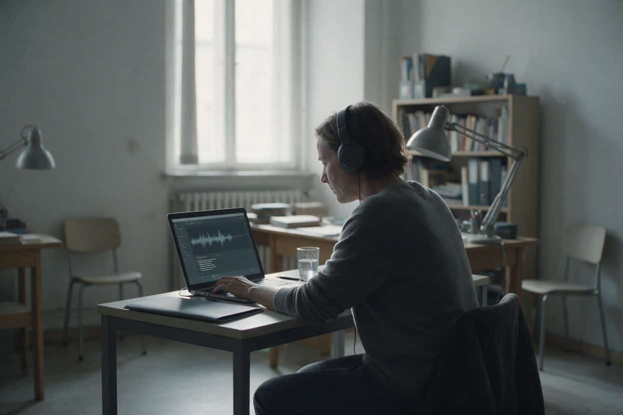 A transcriber listening through headphones and typing up a recording