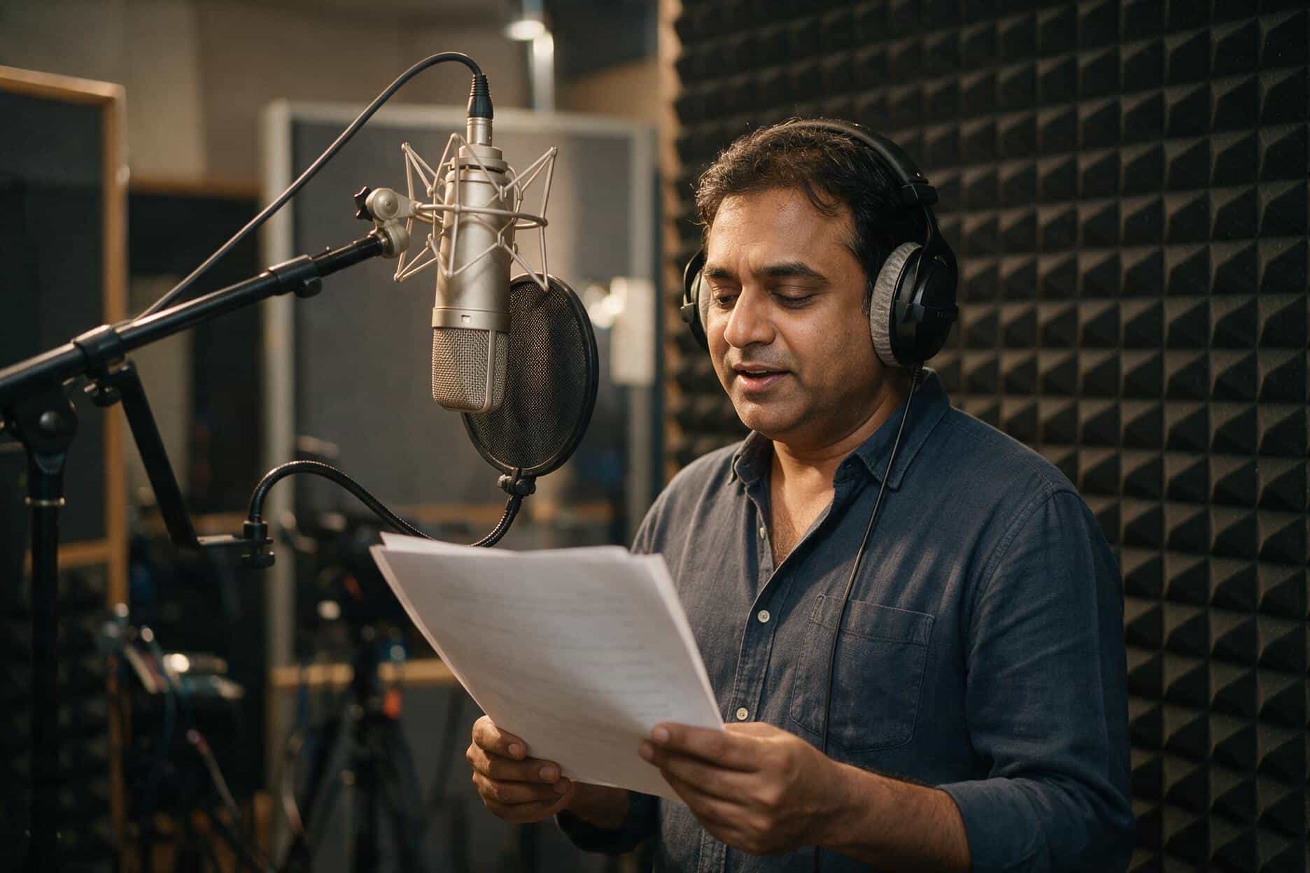 Voice actor recording an Awadhi session, seen through the studio booth window