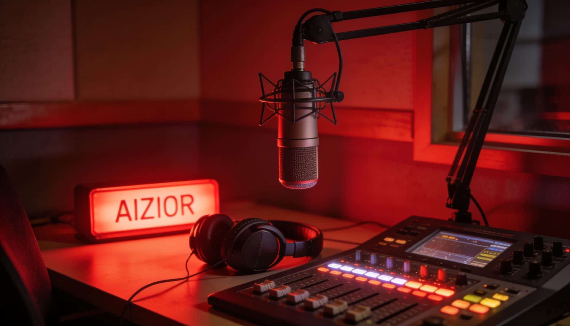 Radio broadcast studio with an on-air microphone and mixing desk