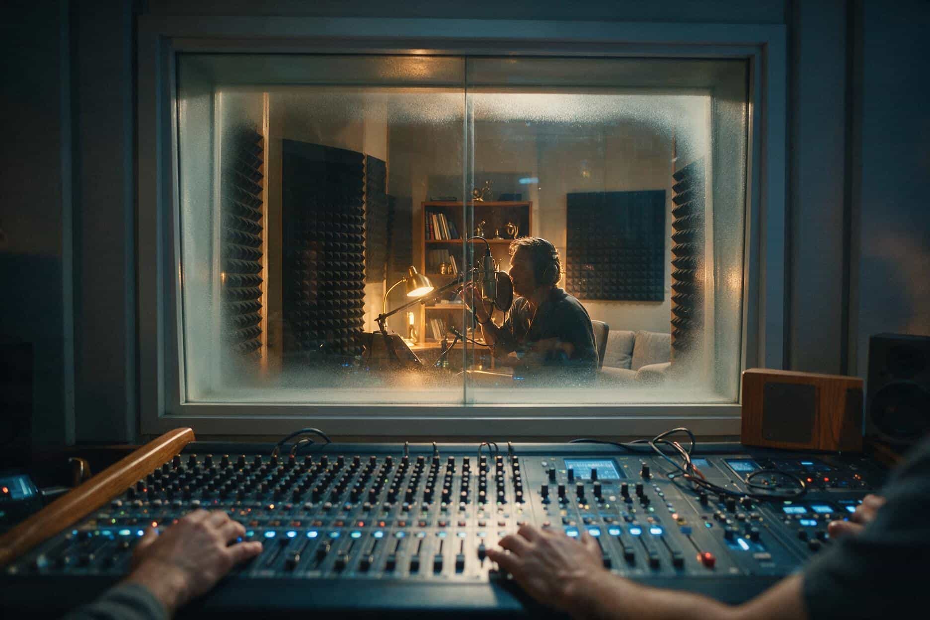 Voice actor at the microphone during a Jamaican Patois recording session