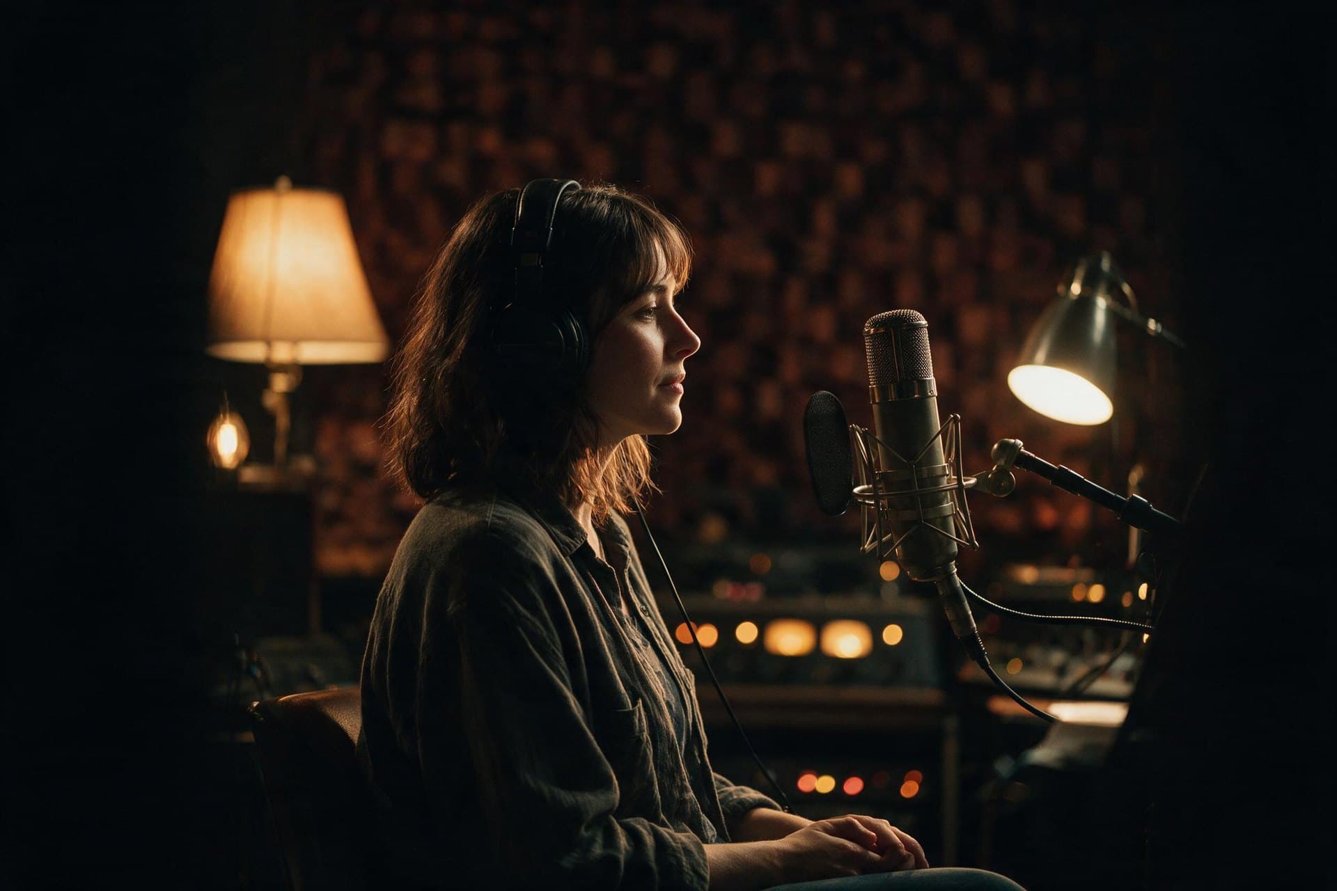 Latvian voice actor recording at a studio microphone in a warmly lit recording studio