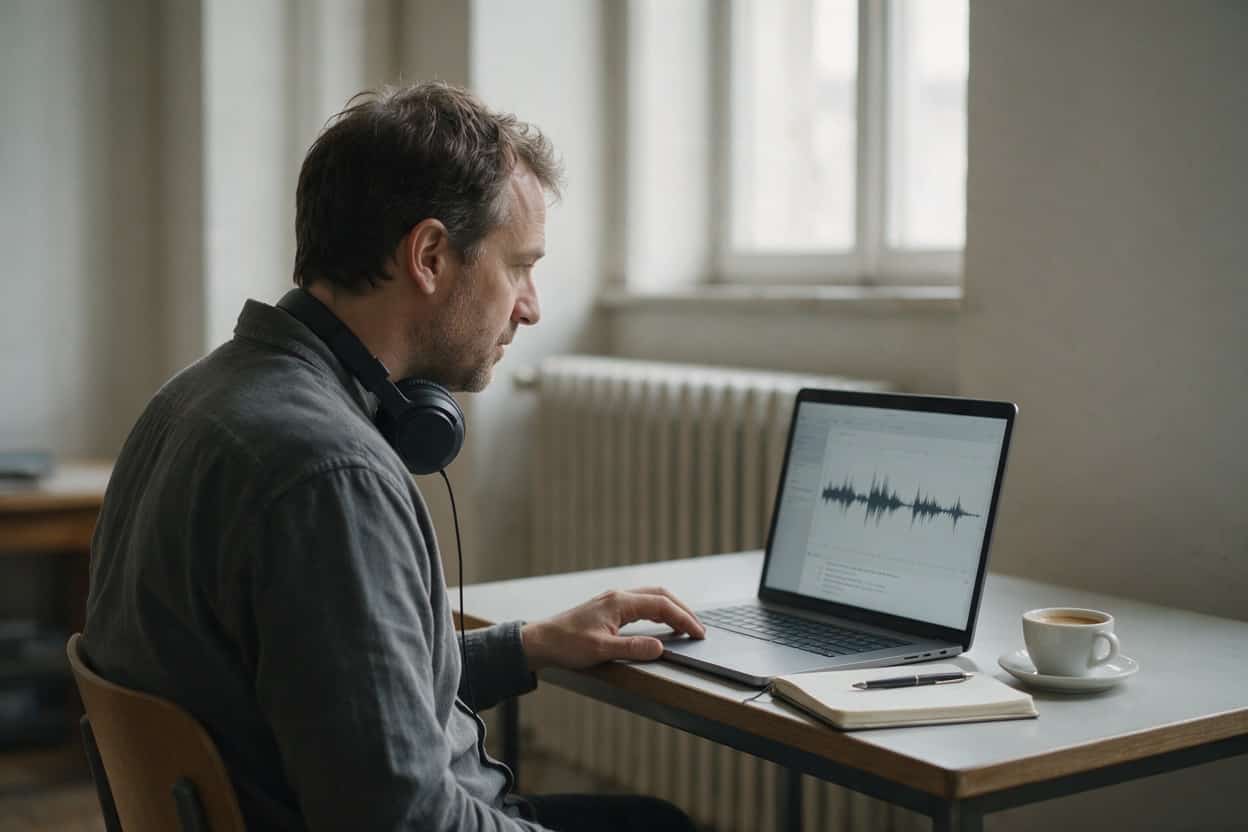 A transcriber listening through headphones and typing up a recording