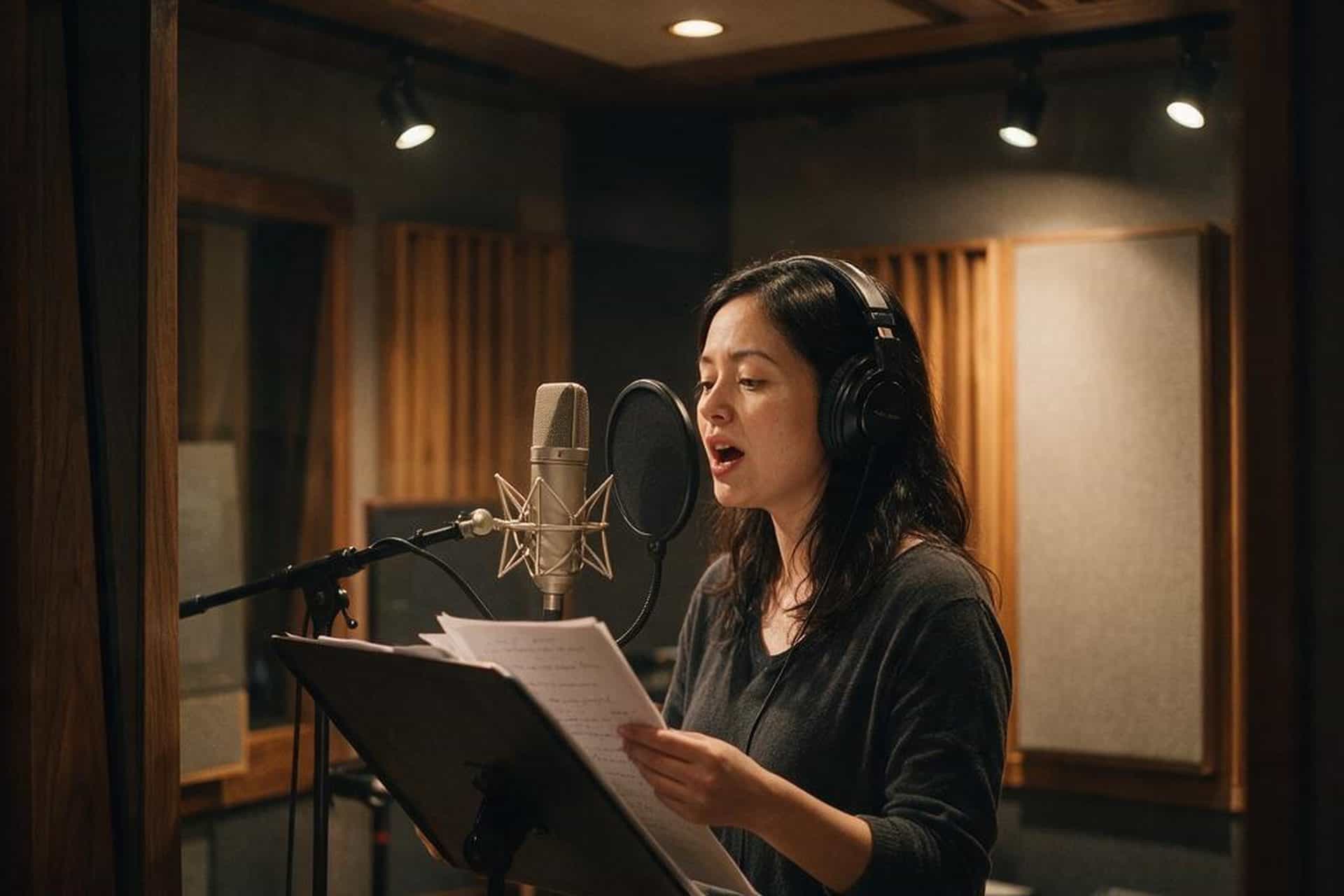 European Portuguese voice actor recording at a studio microphone in a soundproofed booth