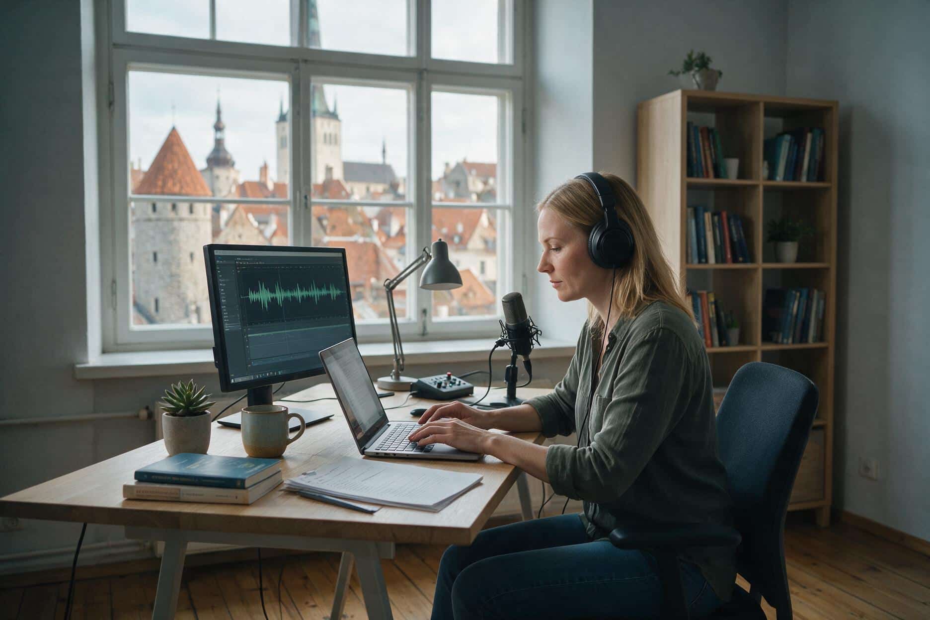 A transcriber listening through headphones and typing up a recording