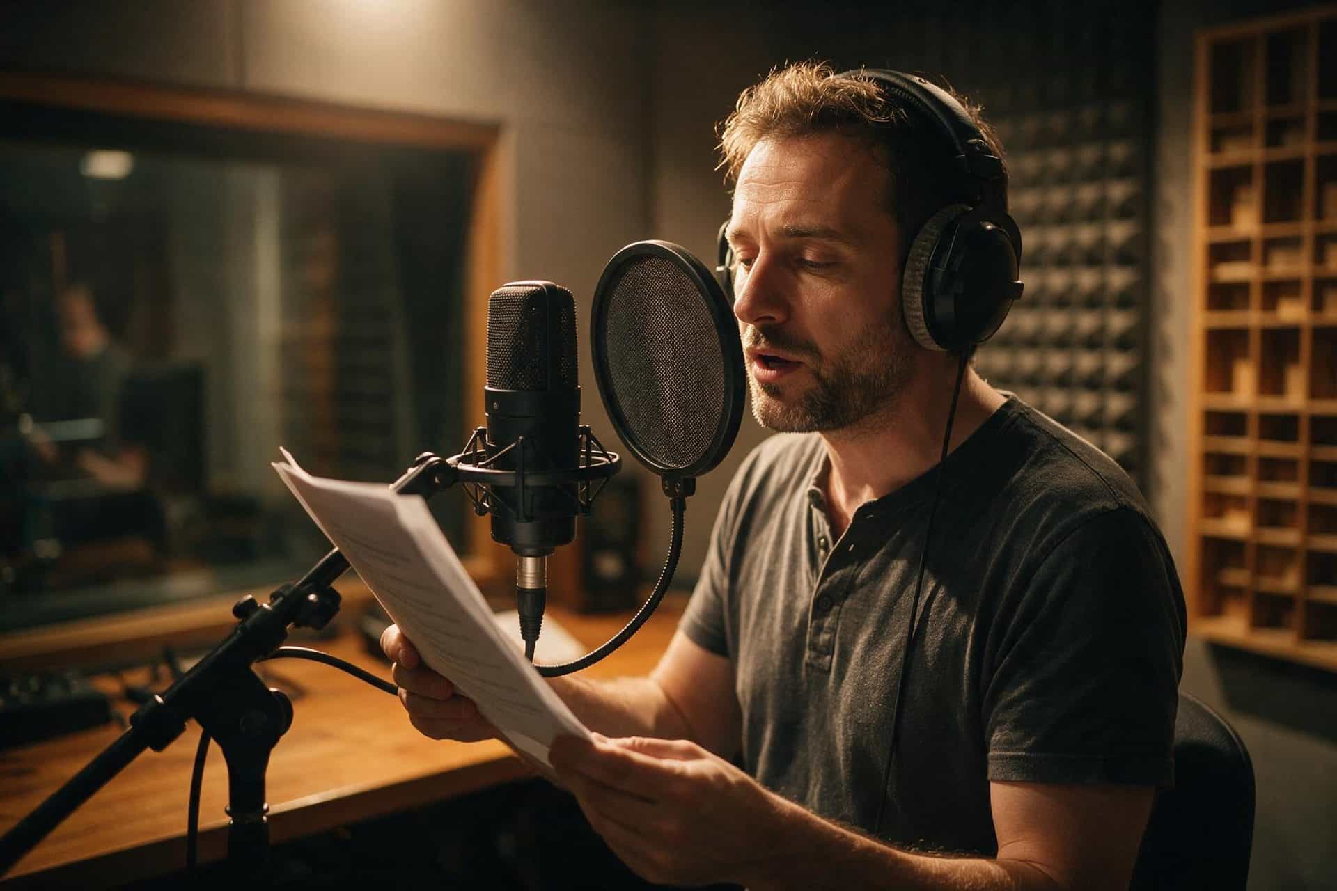 Albanian voice actor recording at a studio microphone in a soundproofed booth