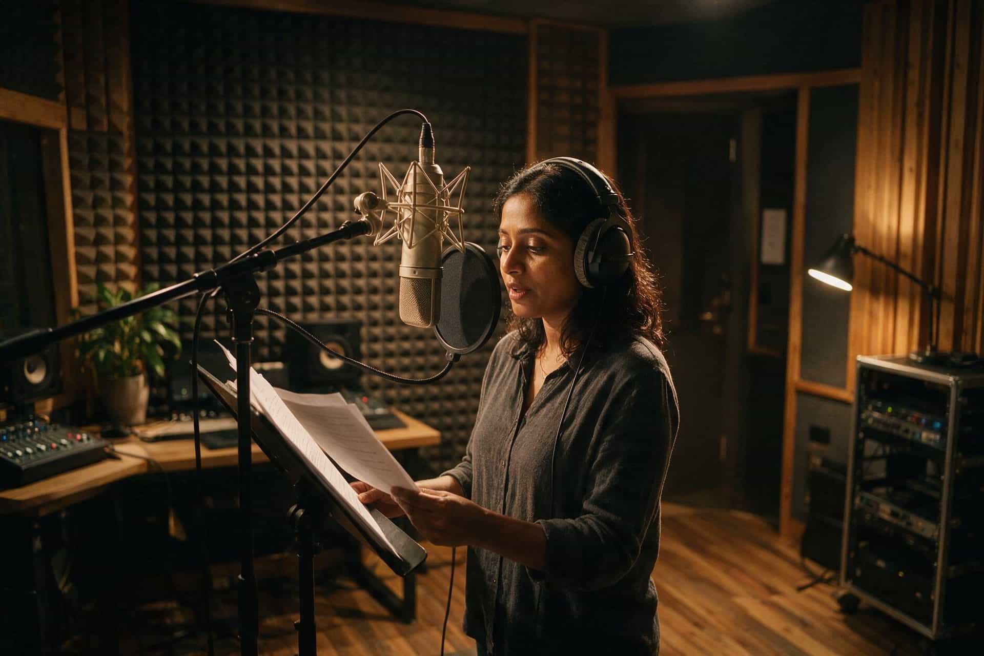 Marathi voice actor recording at a studio microphone in a soundproofed booth
