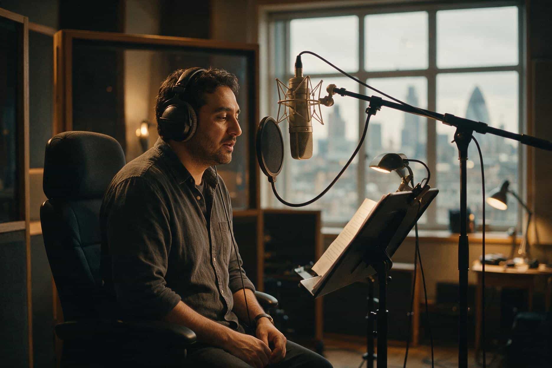 Voice actor at the microphone during a Kazakh recording session