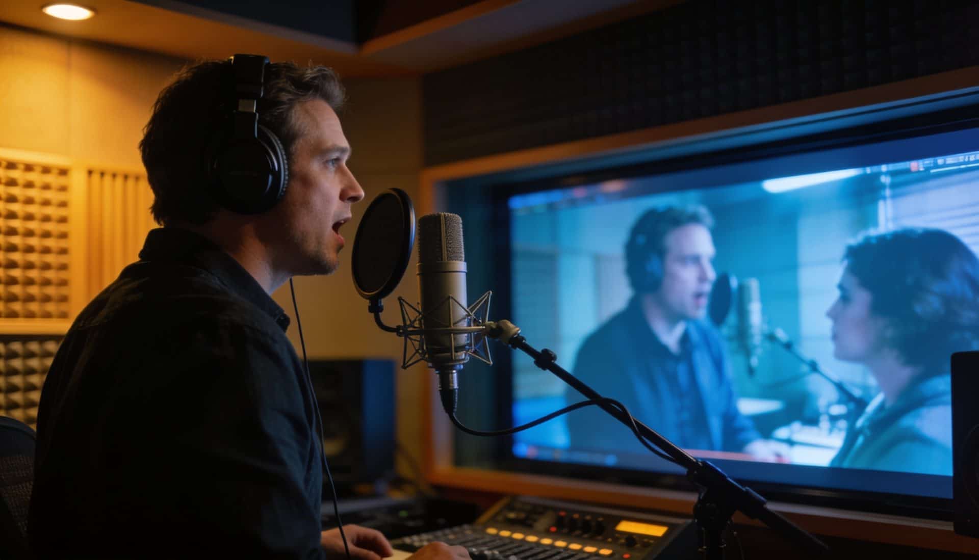 Film dubbing studio with a voice actor recording to a movie scene on screen