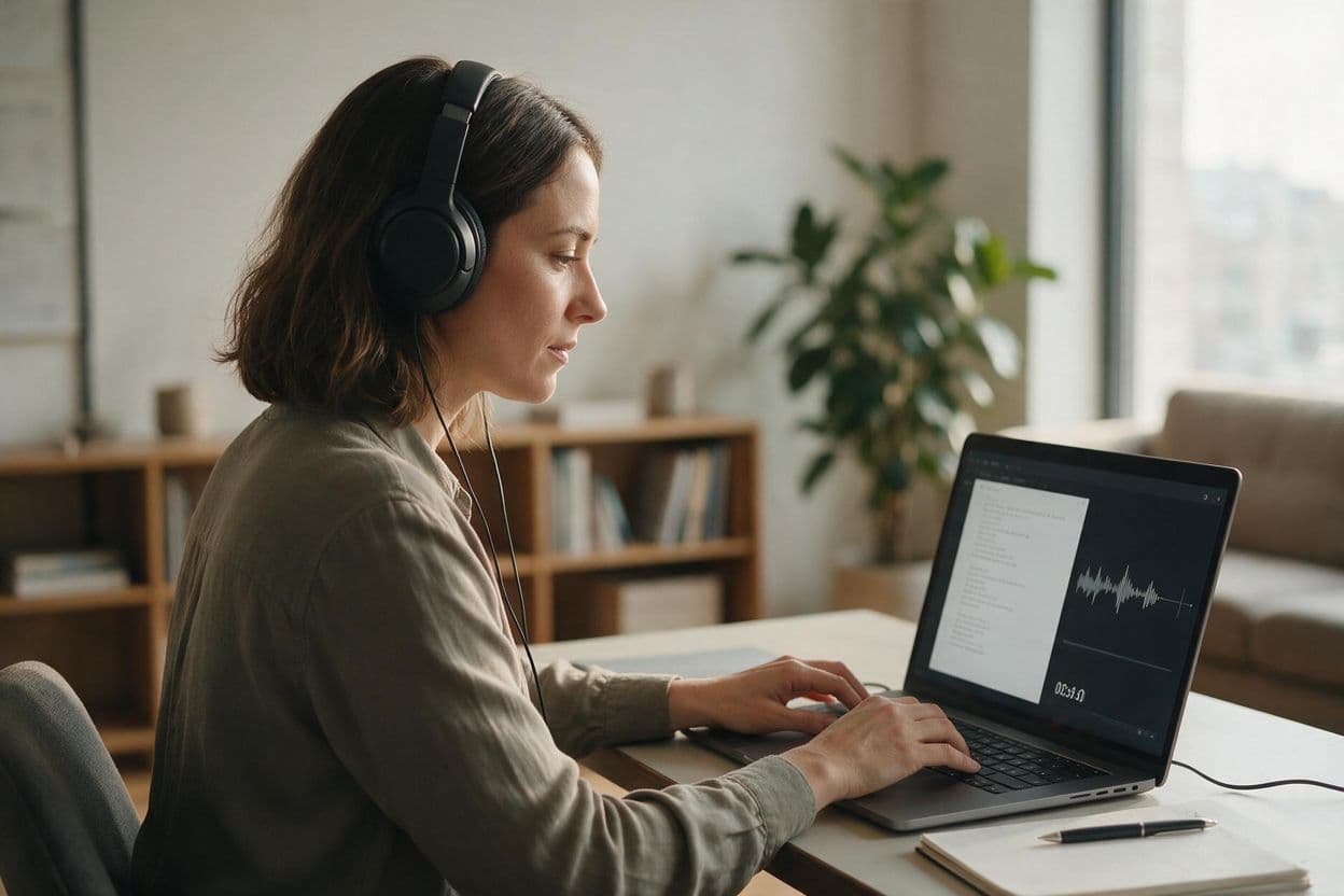 A transcriber listening through headphones and typing up a recording