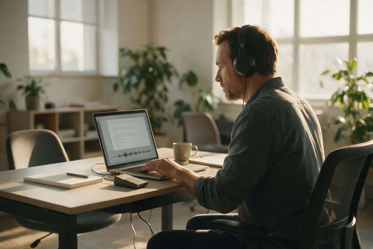 A transcriber listening through headphones and typing up a recording