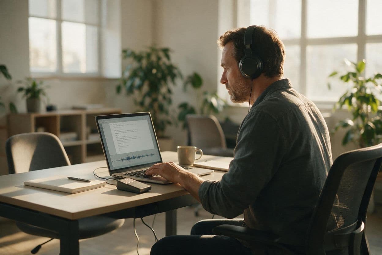 A transcriber listening through headphones and typing up a recording