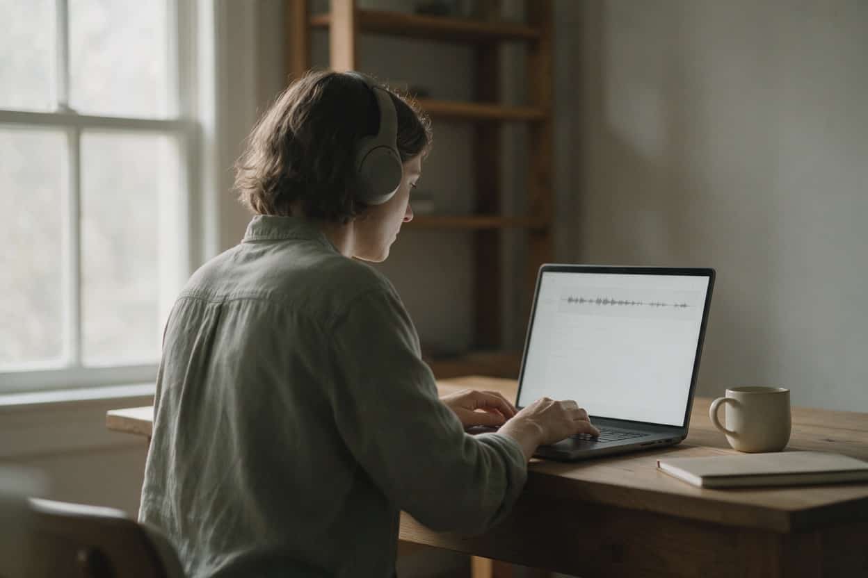 A transcriber listening through headphones and typing up a recording