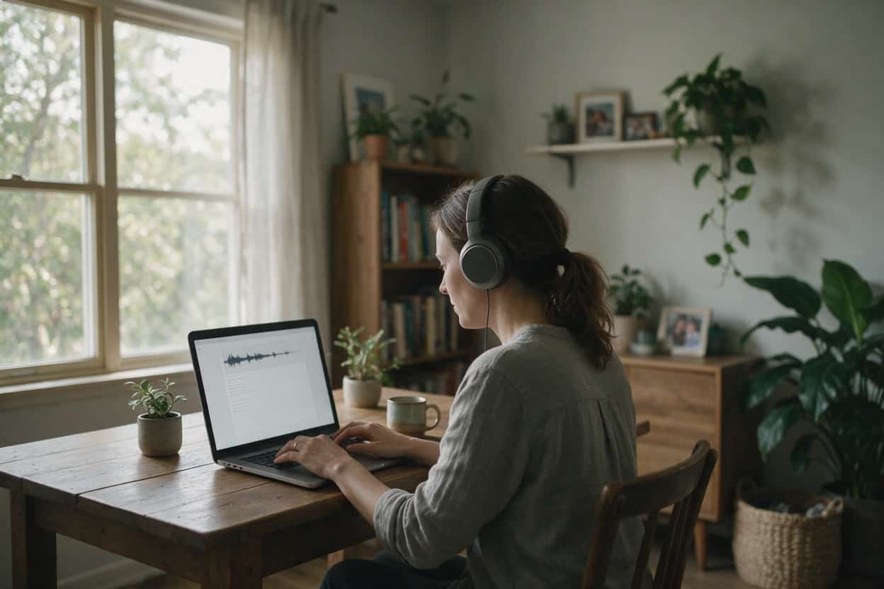 A transcriber listening through headphones and typing up a recording