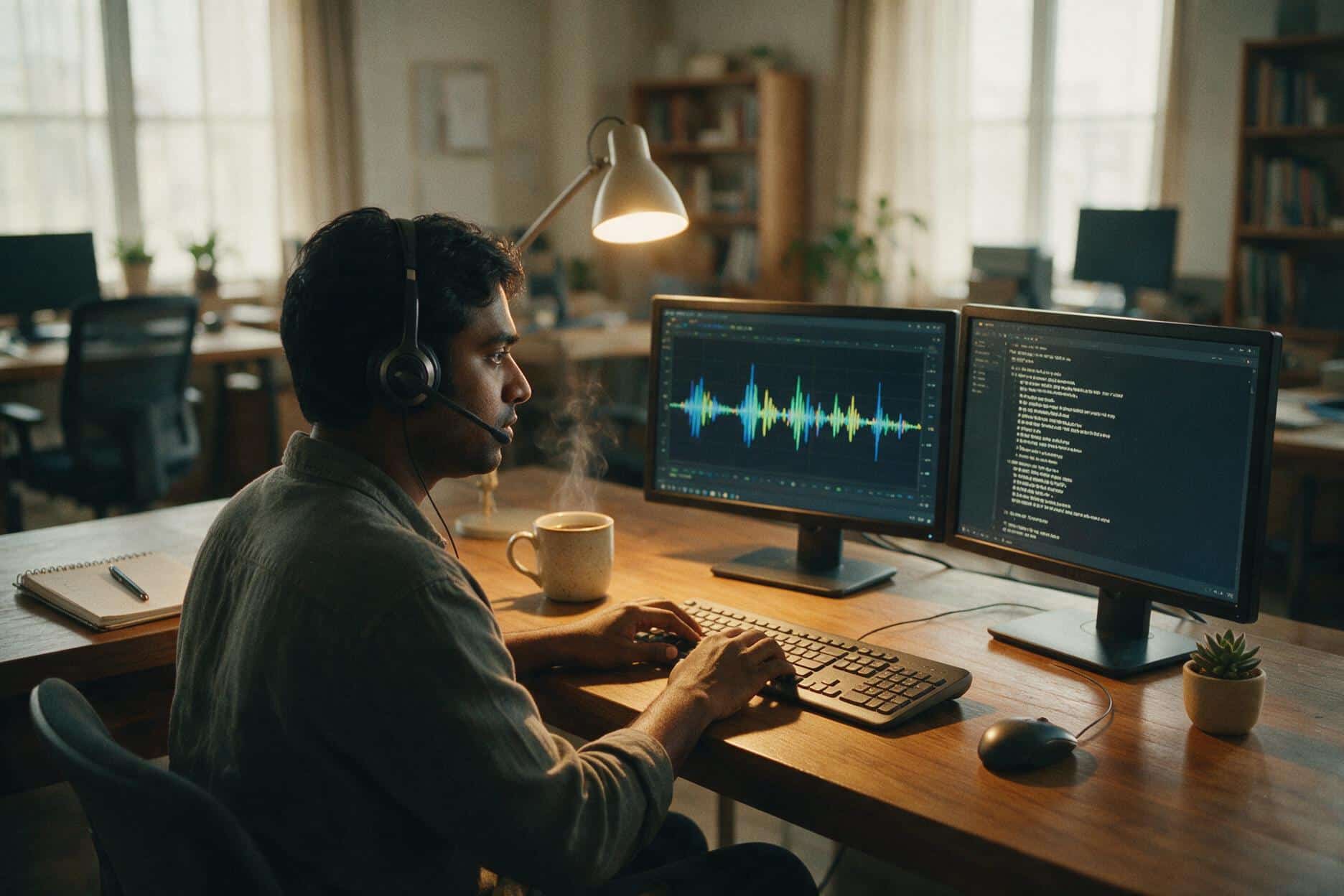 A transcriber listening through headphones and typing up a Bengali recording