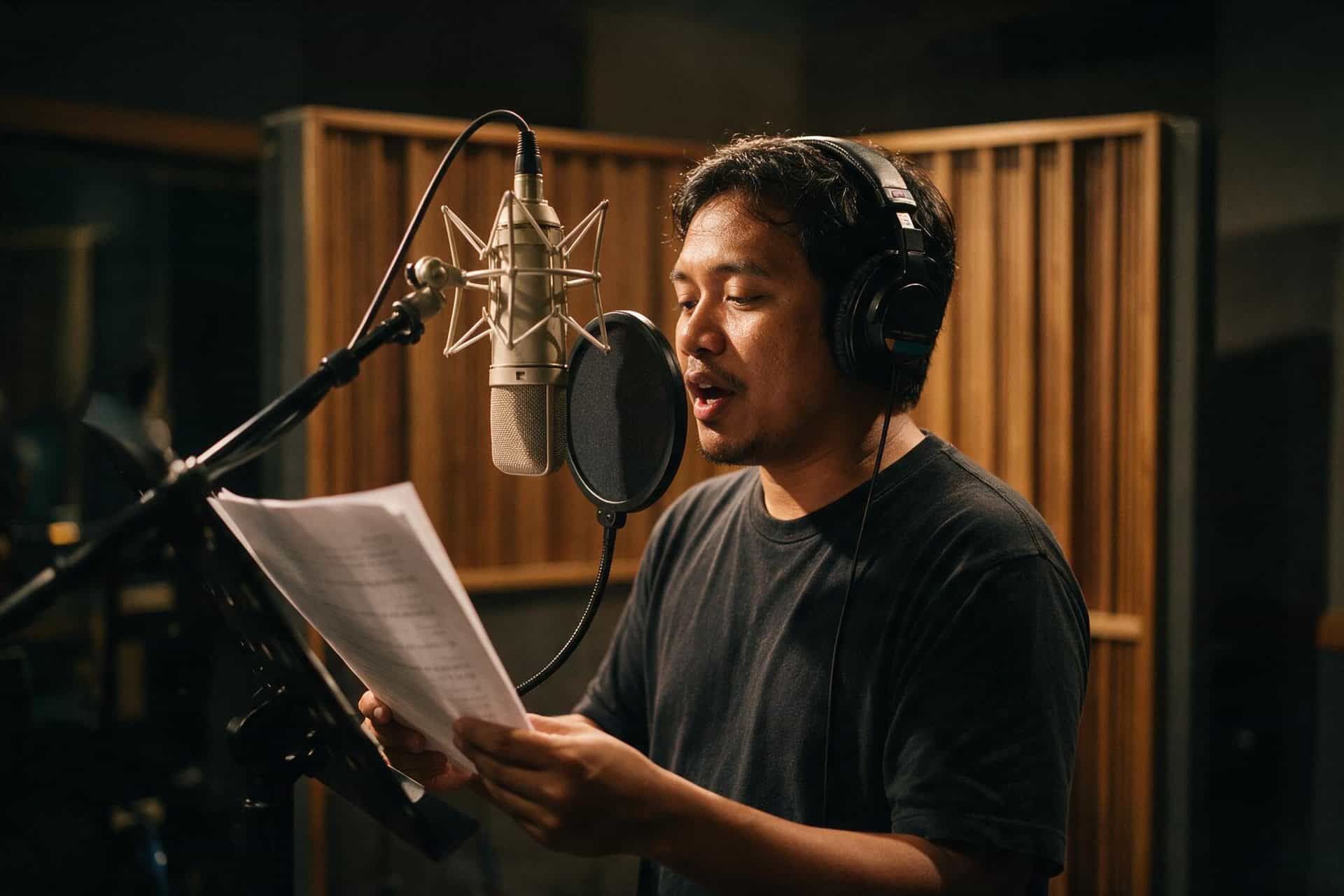 Burmese voice actor recording at a studio microphone in a soundproofed booth