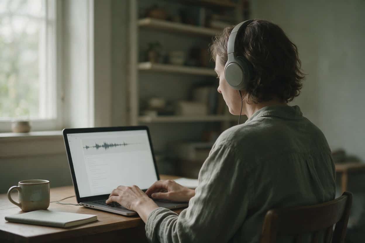 A transcriber listening through headphones and typing up a recording