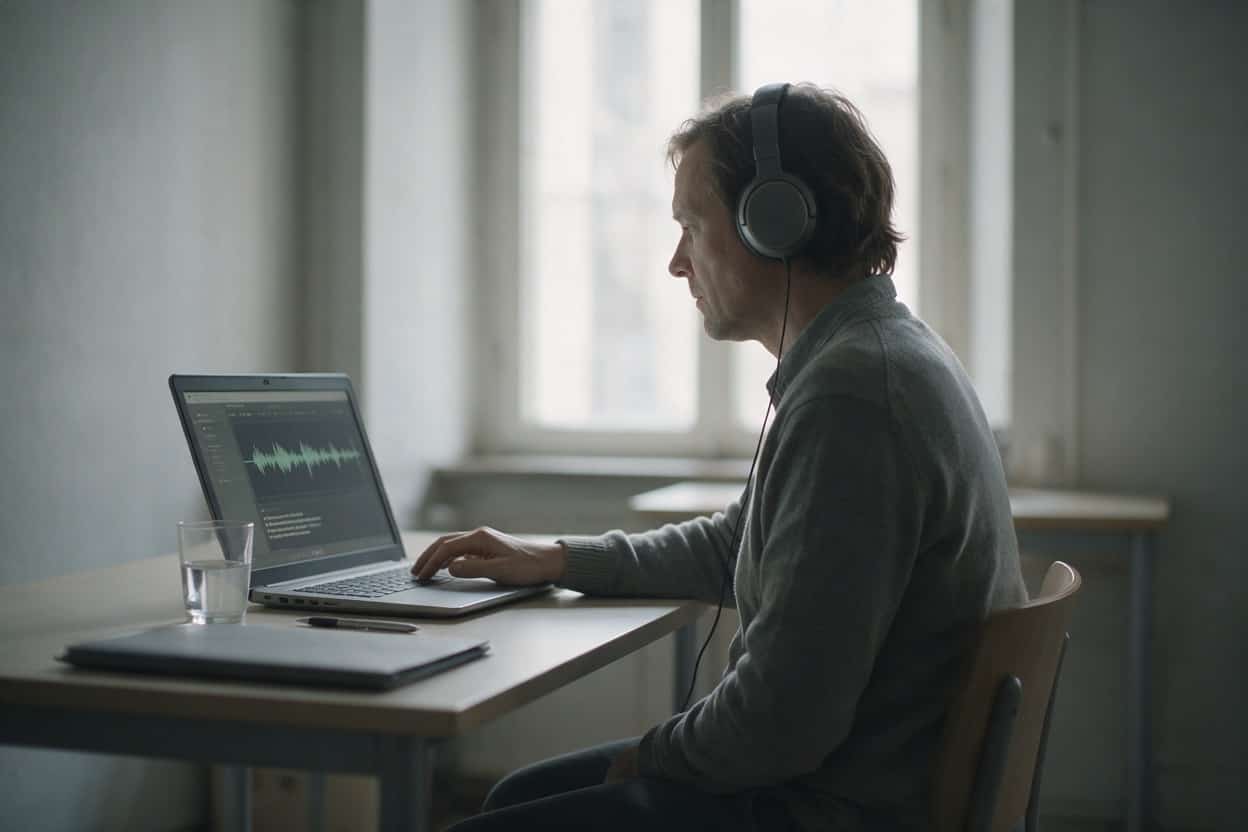 A transcriber listening through headphones and typing up a recording