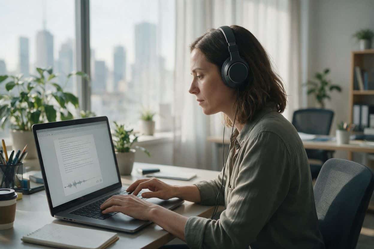 A transcriber listening through headphones and typing up a recording