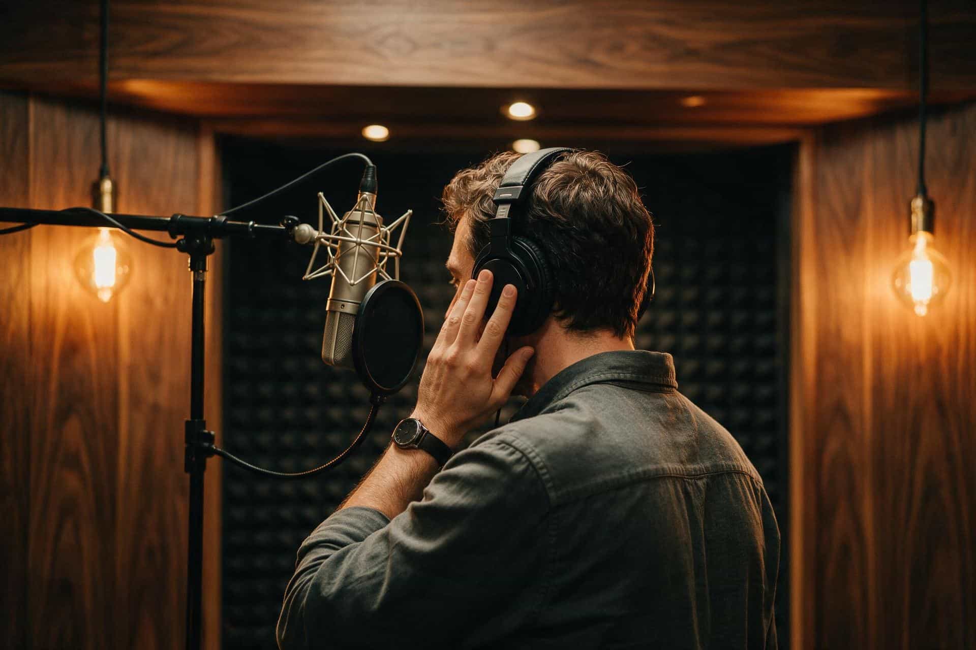 Flemish voice actor wearing headphones at a broadcast microphone in a wood-panelled recording booth
