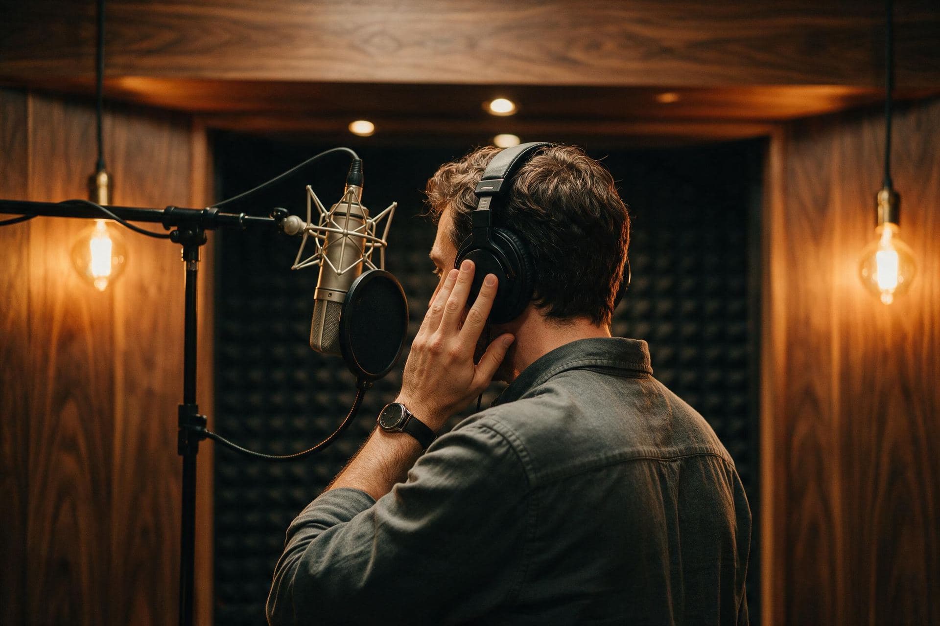 Flemish voice actor wearing headphones at a broadcast microphone in a wood-panelled recording booth