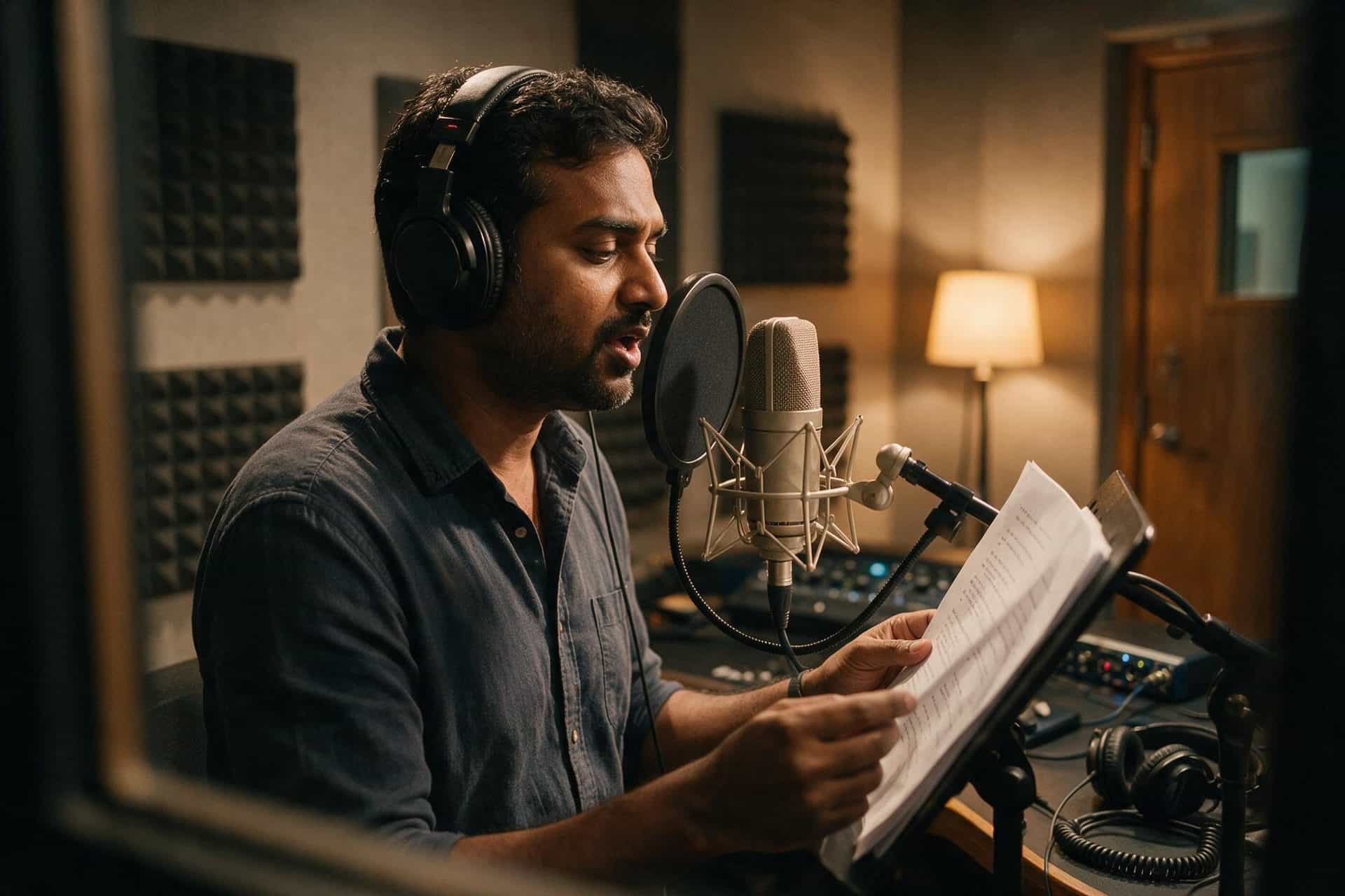 Telugu voice actor recording at a studio microphone in a soundproofed booth