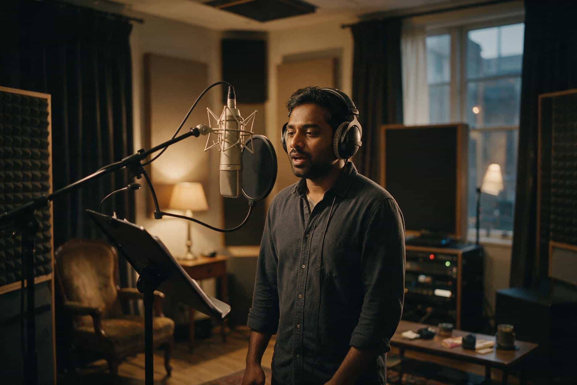 Voice actor at the microphone during an Odia recording session