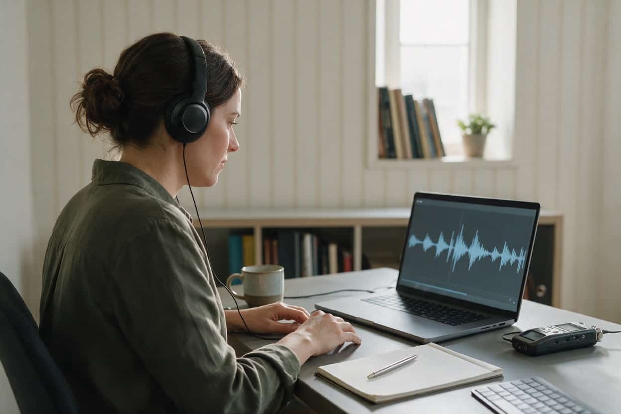 A transcriber listening through headphones and typing up a recording