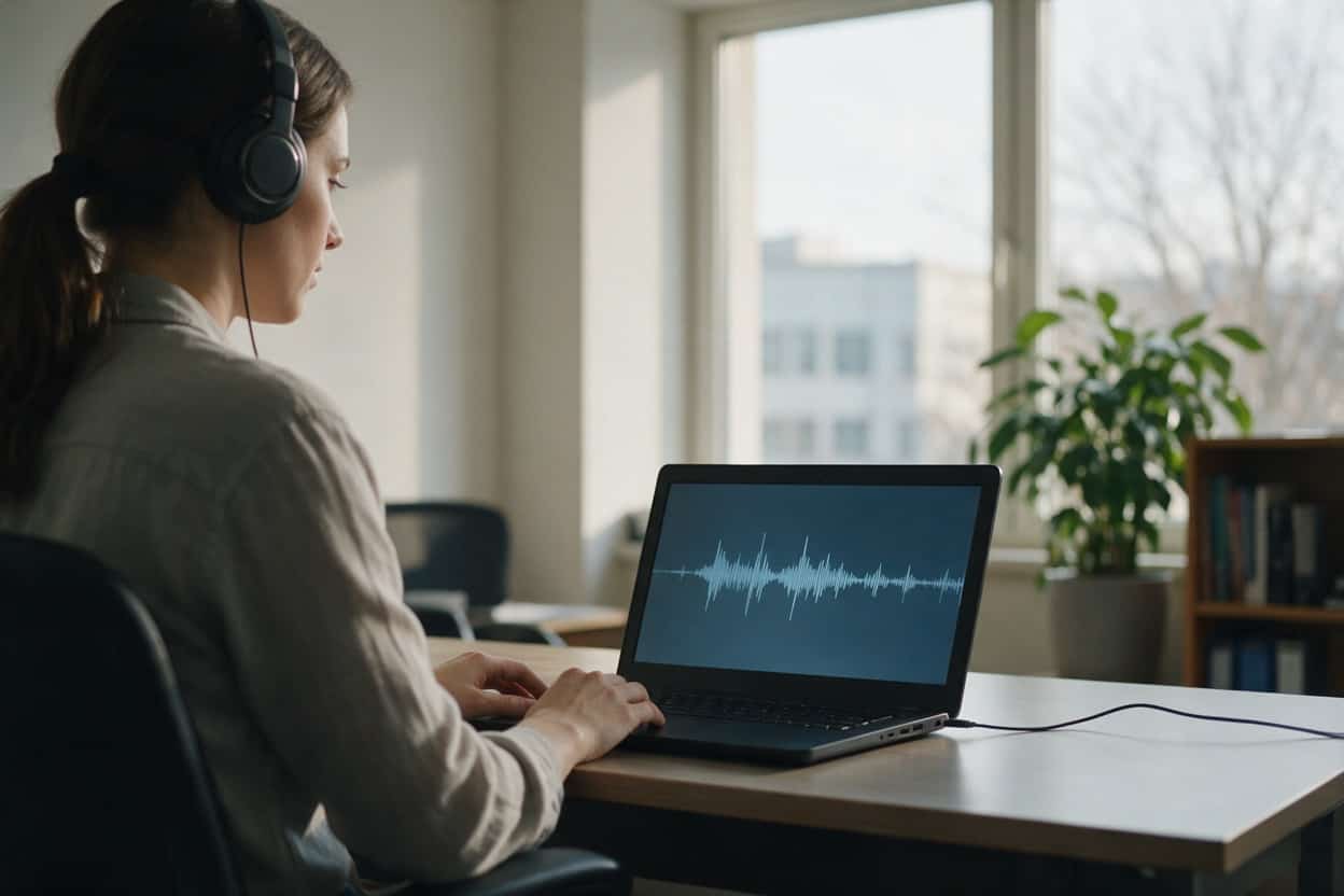 A transcriber listening through headphones and typing up a recording