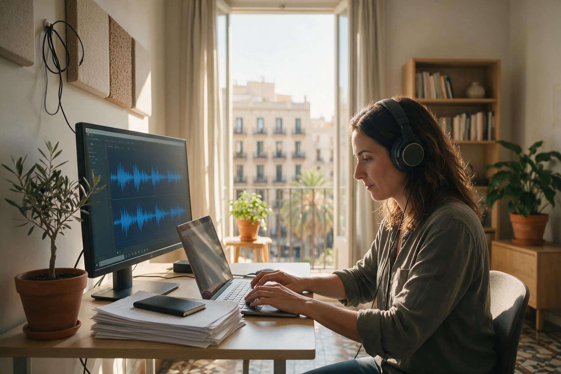 A transcriber listening through headphones and typing up a Catalan recording