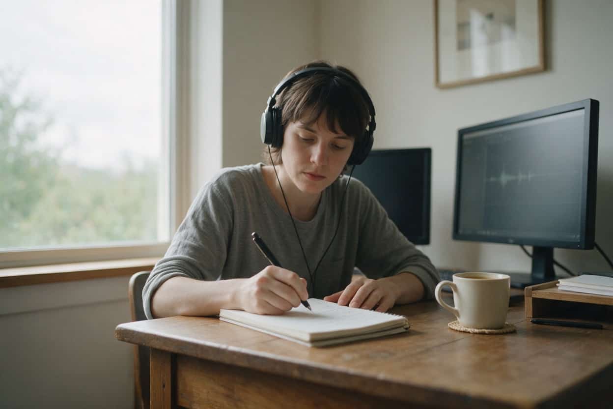 A transcriber listening through headphones and typing up a recording